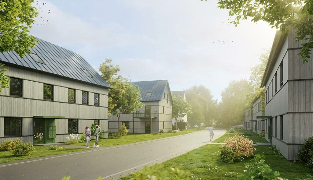 Rendering: holzverkleidete Häuser, Grünflächen und Bäume links und rechts einer Straße, sommerliche Stimmung, drei Personen vor Haus